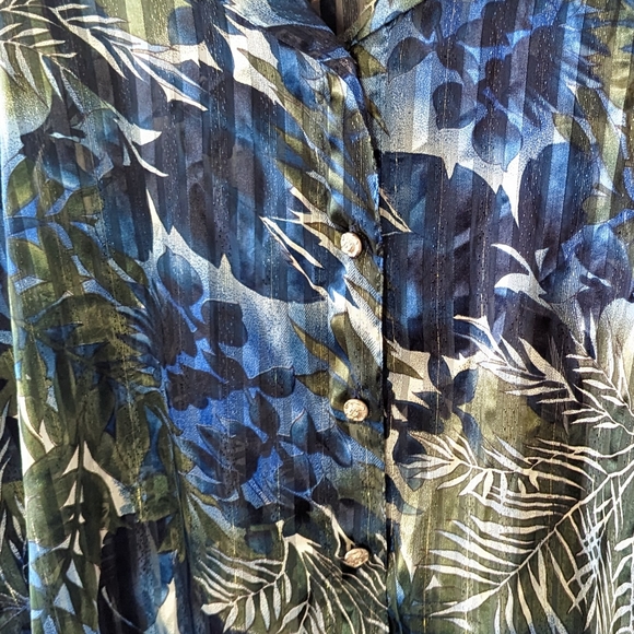 Vintage Sheer Tropical Top 20W Sparkling Gold Buttons Green Blue Button Down 2X - Picture 5 of 8